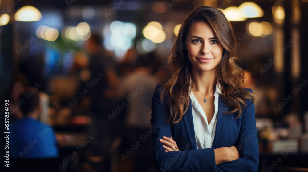 Obraz premium Professional female entrepreneur positioned at her workstation with colleagues visible in the backdrop.
