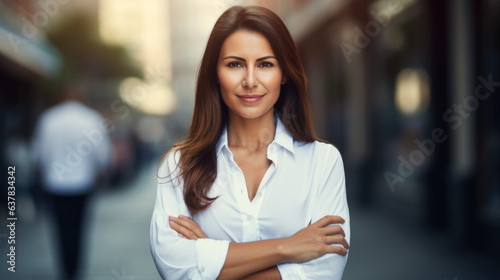 Free Download Professional businesswoman standing confidently on a city street with her arms crossed. - GFXLoad