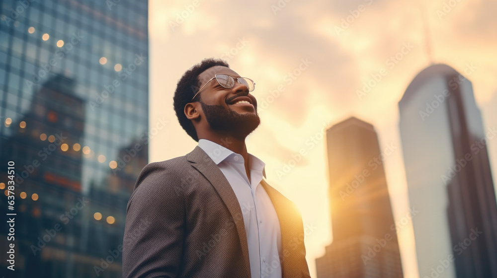 Content, affluent, prosperous, accomplished black businessman standing amidst towering urban skyscrapers during sunset, contemplating a prosperous vision for the future
