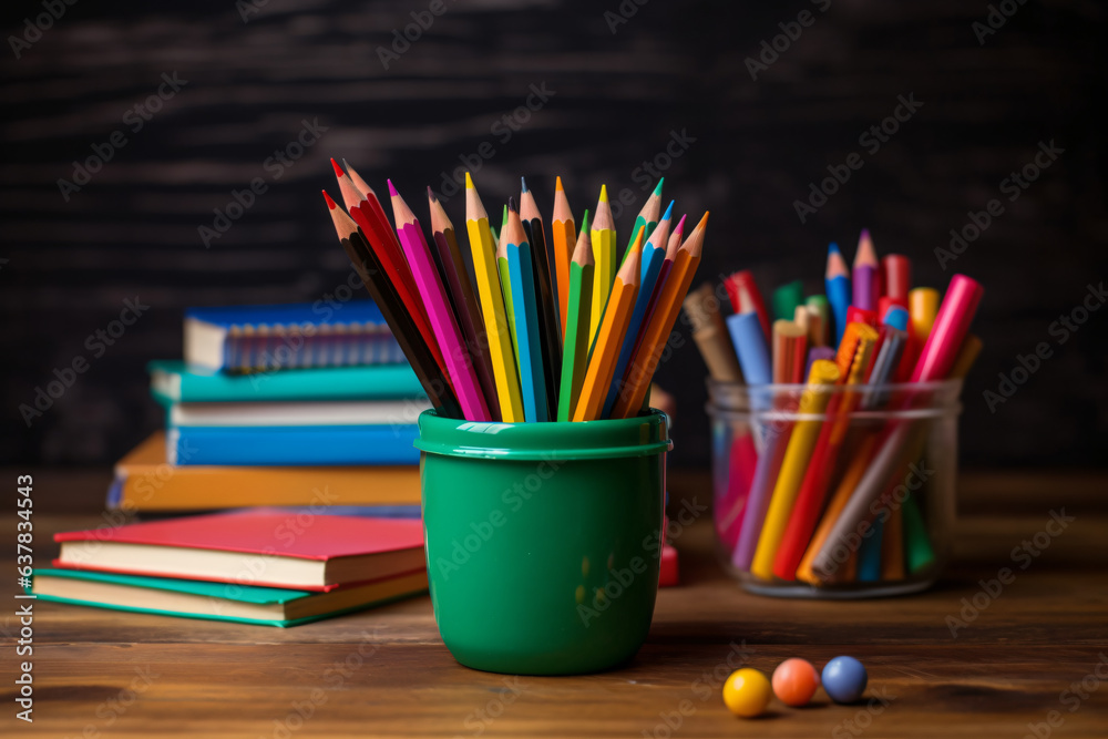 Books stacked and a red app on the top of that, colored pencils in a holder cup on a wooden table Books stacked and a red app on the top of that, colored pencils in a holder cup on a wooden table