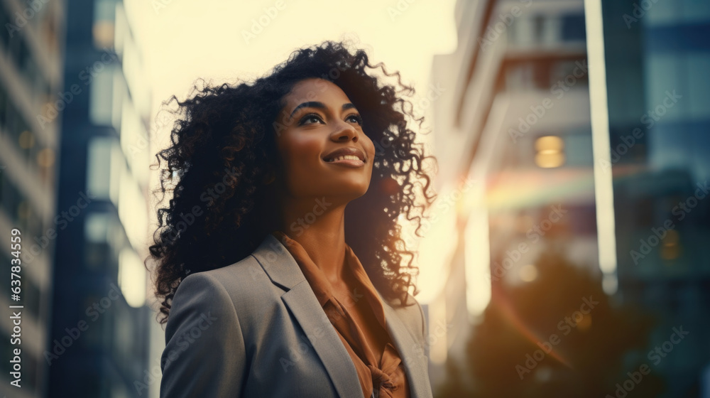 Content, affluent, prosperous, accomplished black businesswoman standing amidst towering urban skyscrapers during sunset, contemplating a prosperous vision for the future