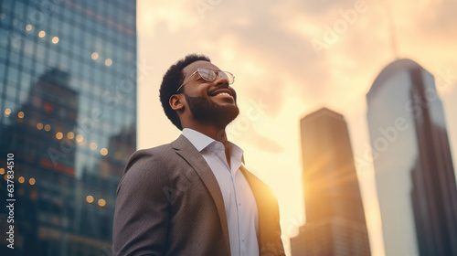 Content, affluent, prosperous, accomplished black businessman standing amidst towering urban skyscrapers during sunset, contemplating a prosperous vision for the future