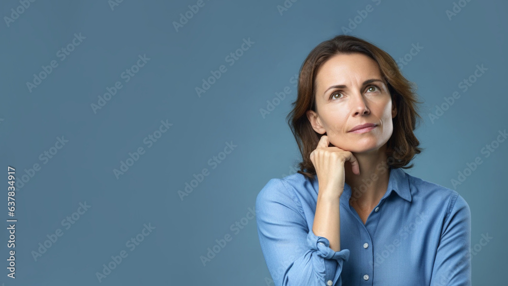 Pensive woman in a blue shirt. Thinking person portrait on a blue background with a place for text. AI generated