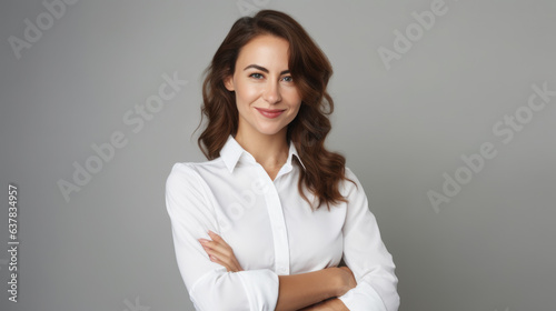 Energetic youthful female entrepreneur displaying a lovely grin, isolated, copy-space