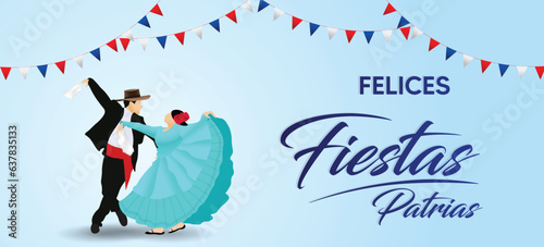 Fiestas Patrias - Chilean Independence Day celebration Spanish phrase. people dance and celebrate vector poster 