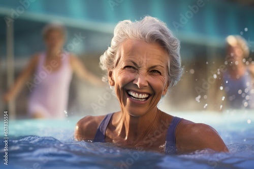 Active aging. Energetic group of senior women having a blast in a water aerobics session at an outdoor swimming pool, promoting fun, fitness and longevity in their golden years.