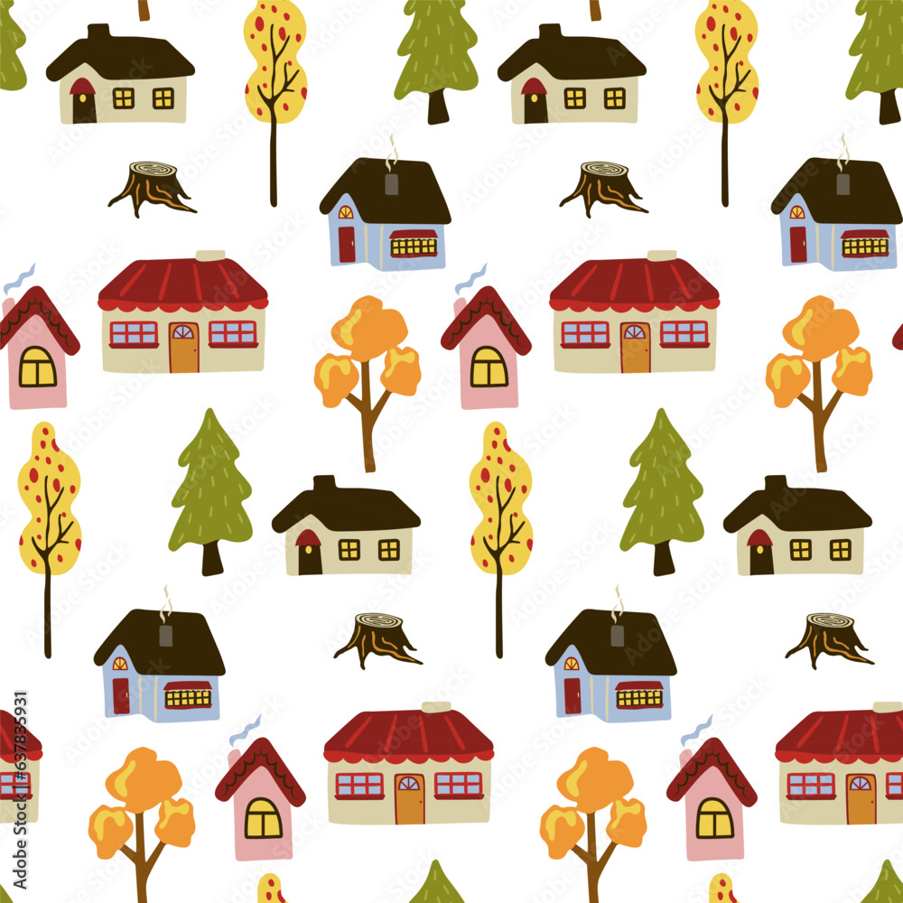 Seamless pattern with houses and autumn trees. Fall background. season backdrop.