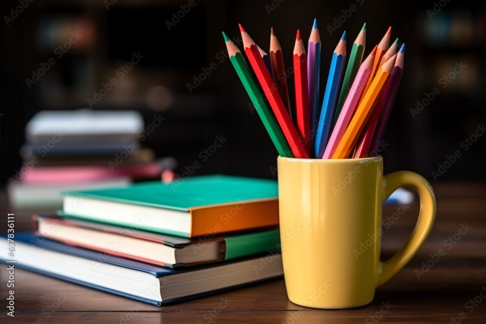 Books stacked and a red app on the top of that, colored pencils in a holder cup on a wooden table Books stacked and a red app on the top of that, colored pencils in a holder cup on a wooden table