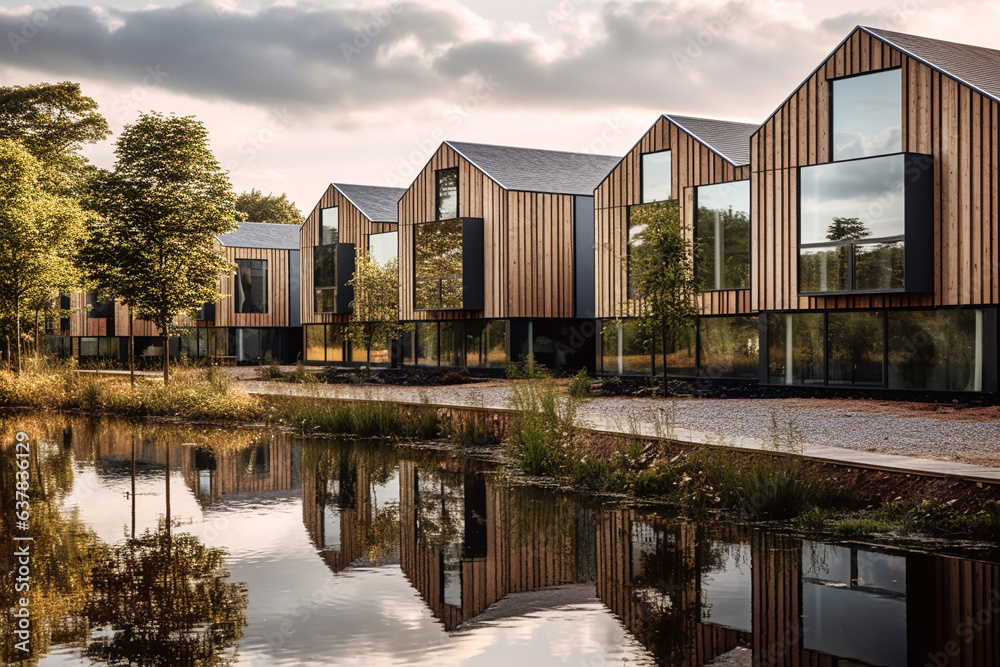 Modern and environmentally friendly apartment buildings built over water. AI generativ. Modern and environmentally friendly apartment buildings built over water. AI generativ.