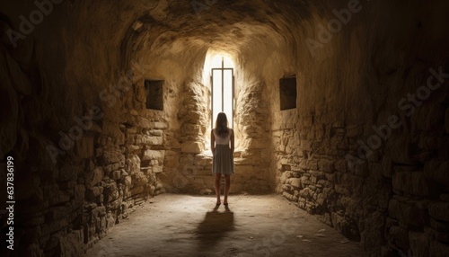 A woman stands with her back to an old jail cell in a medieval castle.