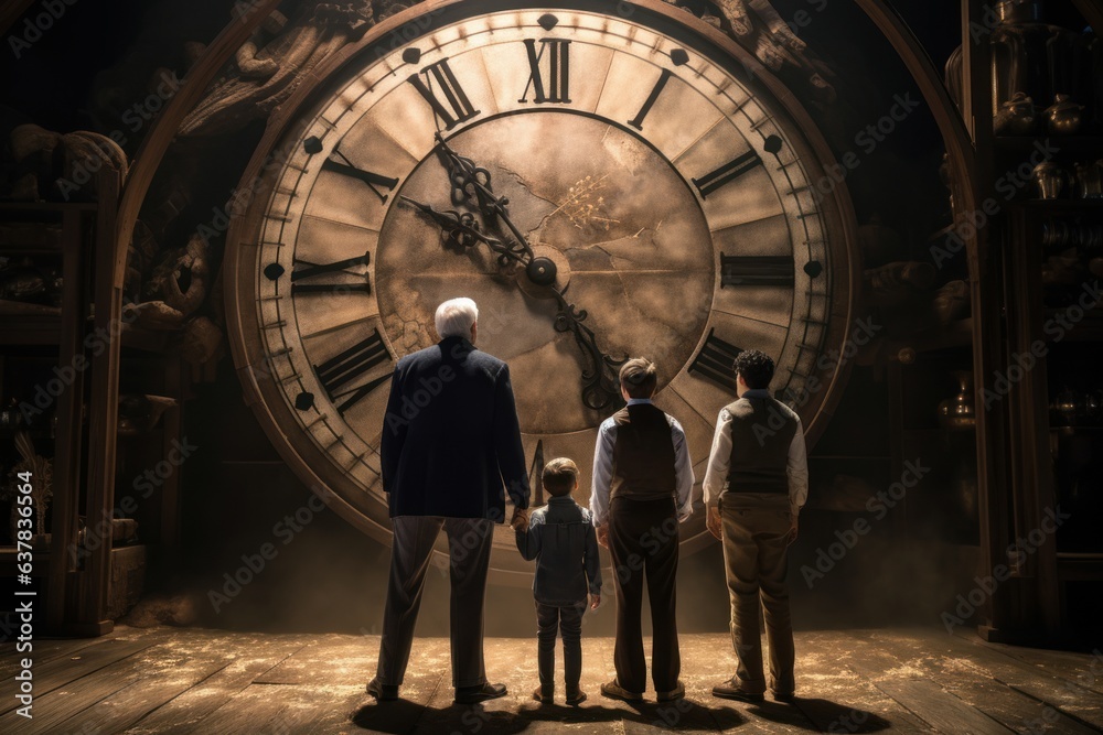 Men family stand in front of big clock. Generate Ai