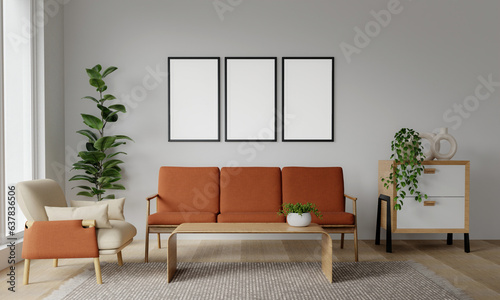 Cozy modern living room interior mock-up poster frame and orange sofa and decoration room on a orange or white wall background. 3D rendering