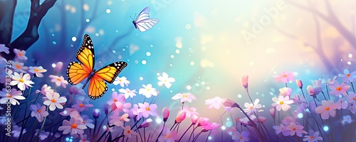flower meadow with butterfly in spring illustration