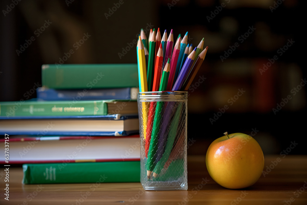 Books stacked and a red app on the top of that, colored pencils in a holder cup on a wooden table Books stacked and a red app on the top of that, colored pencils in a holder cup on a wooden table