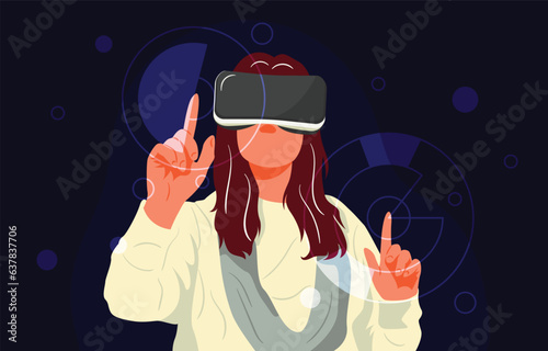 Futuristic digital technology. Woman in virtual reality concept. Connection, technology, business analysis, organization concept in cartoon. Woman using vr headset. Flat Vector Illustration