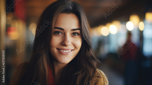 An image capturing a youthful and joyful lady gazing directly at the camera.