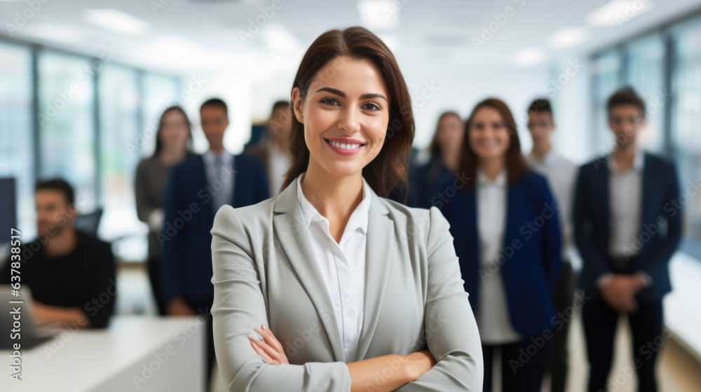 Grinning, captivating, self-assured female expert striking a poised posture in her corporate workplace, while her colleagues and staff members create the scenery. Grinning, captivating, self-assured female expert striking a poised posture in her corporate workplace, while her colleagues and staff members create the scenery.