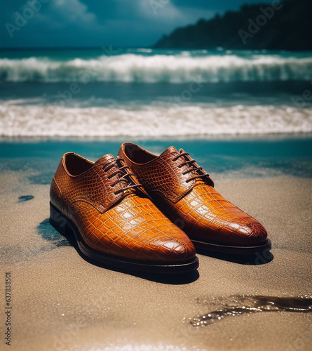 Crocodile leather shoes on the background of the sea. Generative AI.