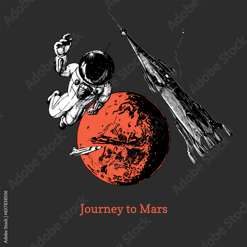 Journey to Mars, vintage poster, sketch in vector
