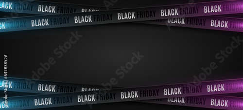 3d ribbons with blue and purple glow for Black Friday sale on black background. Crossed ribbons. Graphic elements for big sale. Vector illustration.