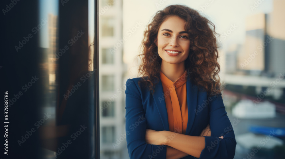 Smiling and self-assured female entrepreneur, standing tall with her arms folded. Smiling and self-assured female entrepreneur, standing tall with her arms folded.