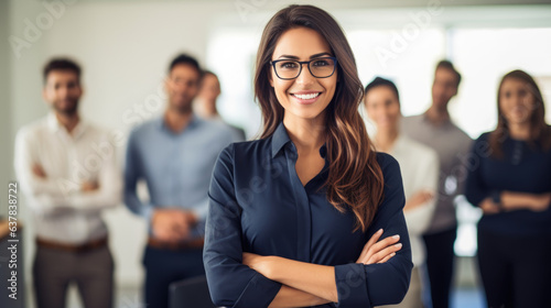 Beaming and alluring self-assured female professional showcasing herself at her corporate workspace, surrounded by fellow team members and staff members.