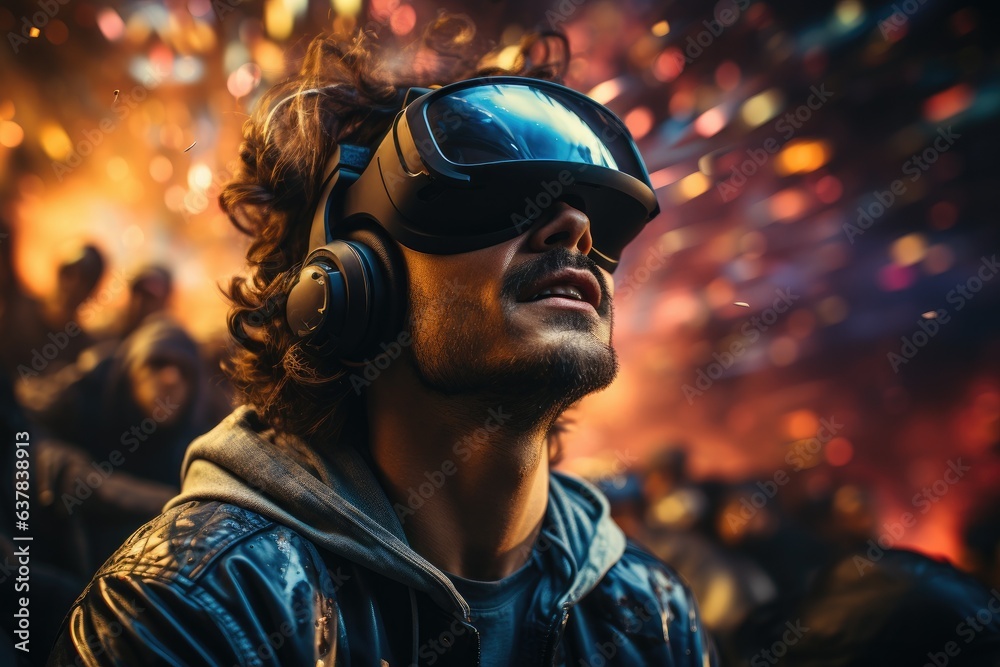 Man wearing virtual reality goggles. futuristic entertainment concept. Generative AI