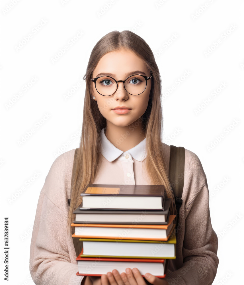 Portrait of a beautiful caucasian teenage girl with books in her hand, education concept on a white background Portrait of a beautiful caucasian teenage girl with books in her hand, education concept on a white background