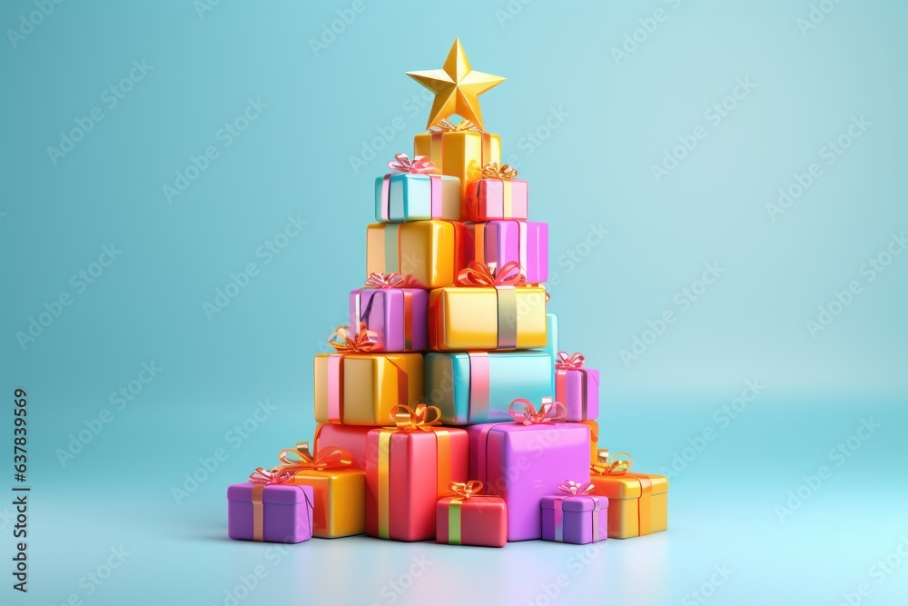 Fototapeta premium 3D Render Christmas Tree with Gift Boxes Decoration, Merry Christmas and Happy New Year Background. Generative Ai