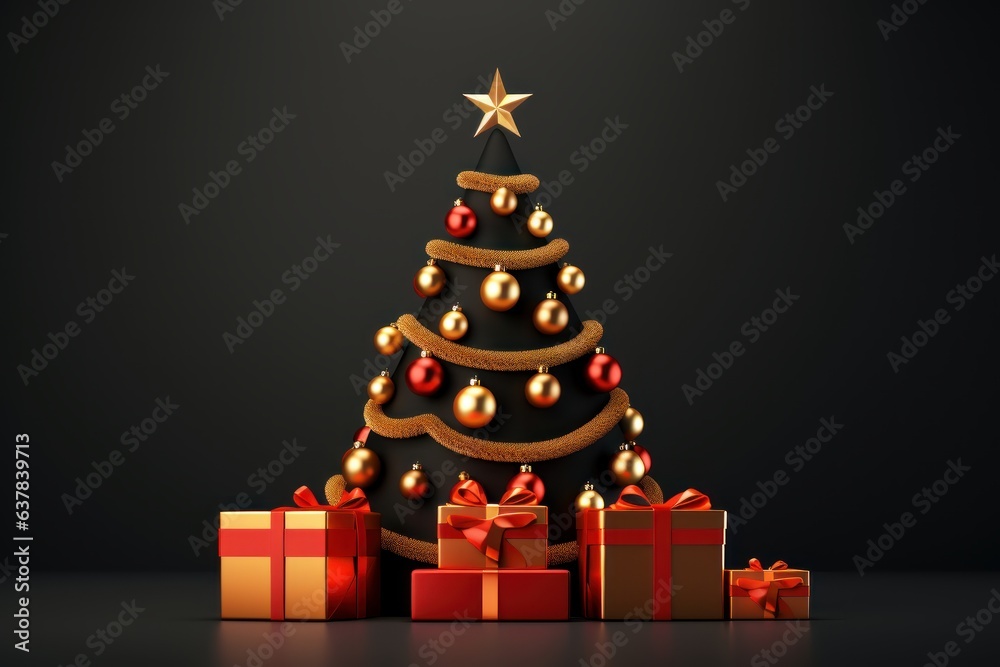 3D Render Christmas Tree with Gift Boxes  Decoration, Merry Christmas and Happy New Year Background. Generative Ai