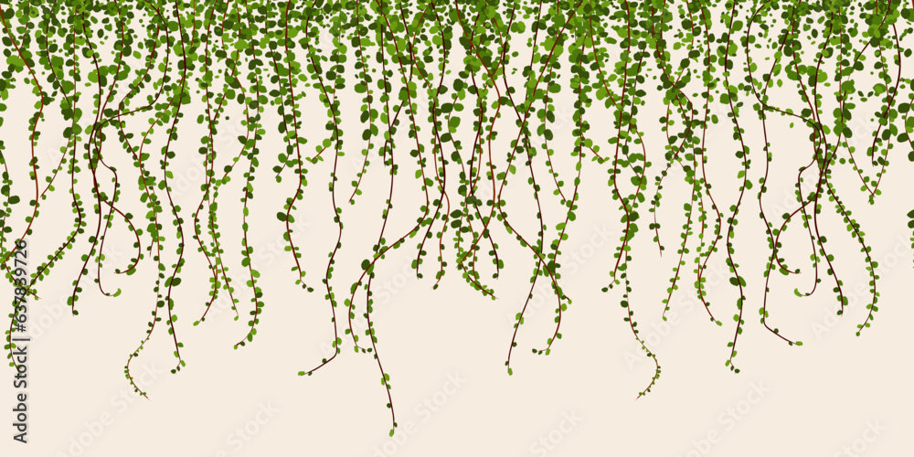 Green foliage wall vector illustration, climbing plant leaves seamless horizontal pattern - obrazy, fototapety, plakaty 