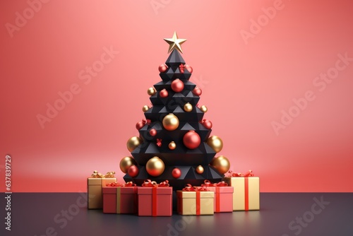3D Render Christmas Tree with Gift Boxes Decoration, Merry Christmas and Happy New Year Background. Generative Ai