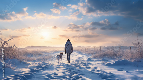 a man is hiking with his dog through a snowy landscape in winter.