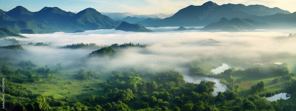 Obraz premium jungle landscape, fog, clouds and mountains panorama