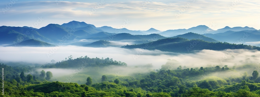 jungle landscape, fog, clouds and mountains panorama