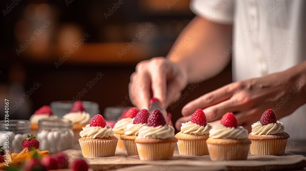 pastry chef decorates cupcakes or muffins with fresh berries
