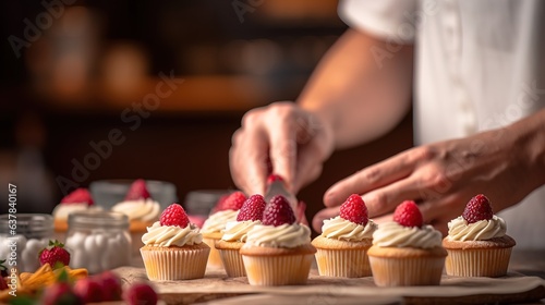 pastry chef decorates cupcakes or muffins with fresh berries