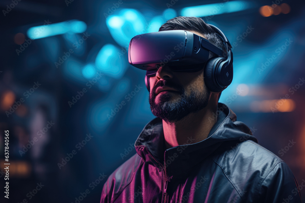Man wearing virtual reality goggles. futuristic entertainment concept. Generative AI Man wearing virtual reality goggles. futuristic entertainment concept. Generative AI