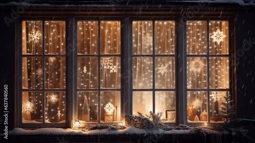 Vintage window with Christmas decorations, lights, snowflakes, winter. Generative AI.