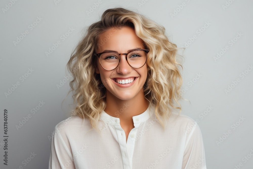 happy smiling blonde haired female wearing glasses on plain background for presentation happy smiling blonde haired female wearing glasses on plain background for presentation
