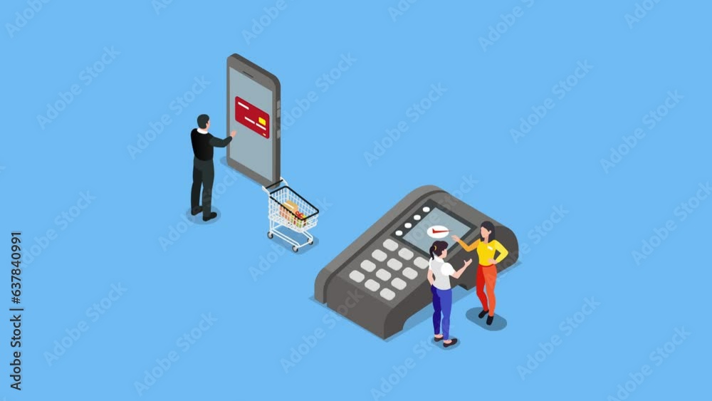 Shoppers and Electronic Data Capture machine artoon animation in 4K UHD 3840x2160