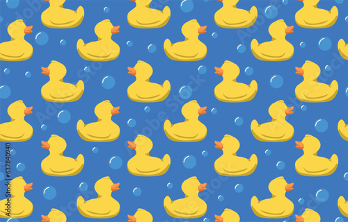 Cute rubber yellow duck seamless pattern. Vector illustration for packaging, t-shirt design, texture wallpaper, animal background. Plastic duck
