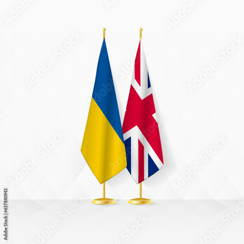 Ukraine and United Kingdom flags on flag stand, illustration for diplomacy and other meeting between Ukraine and United Kingdom.