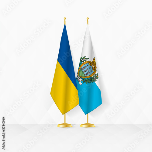 Ukraine and San Marino flags on flag stand, illustration for diplomacy and other meeting between Ukraine and San Marino.