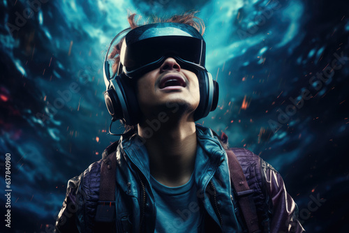 Man wearing virtual reality goggles. futuristic entertainment concept. Generative AI