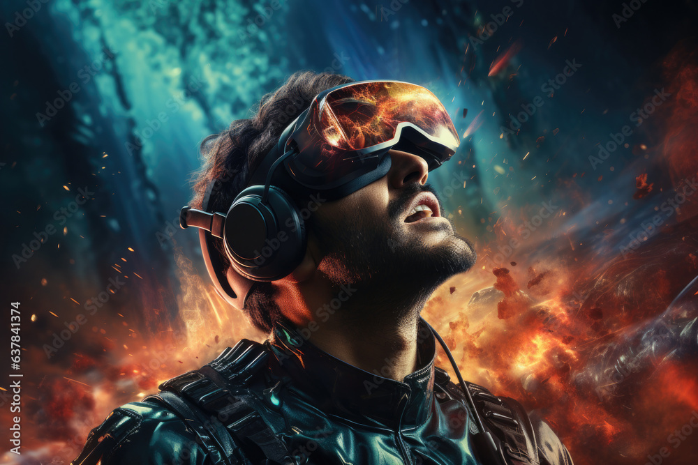 Man wearing virtual reality goggles. futuristic entertainment concept. Generative AI Man wearing virtual reality goggles. futuristic entertainment concept. Generative AI