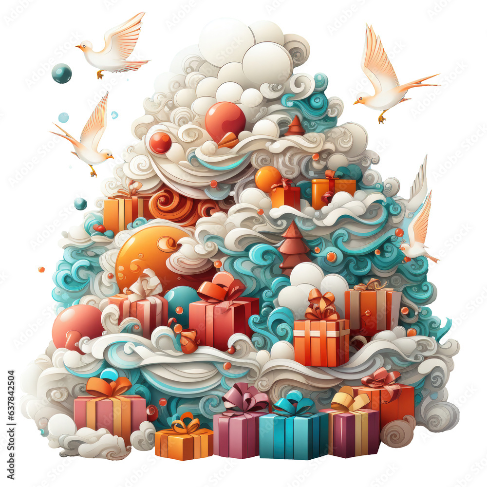 Obraz premium A dreamy Christmas Tree and gift boxes T-shirt Design, floating on a cloud in the sky, surrounded, Generative Ai