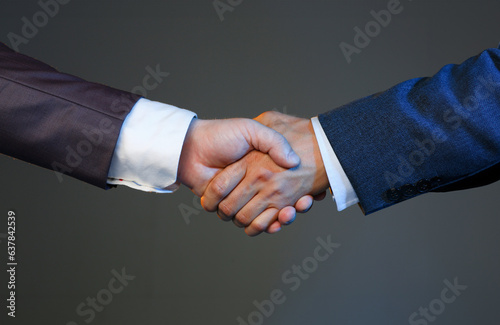 Man in suit shake hand as hello in office closeup. Friend welcome mediation offer positive introduction greet or thanks gesture summit participate approval background strike arm bargain concept