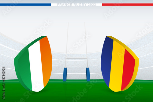 Match between Ireland and Romania, illustration of rugby flag icon on rugby stadium.