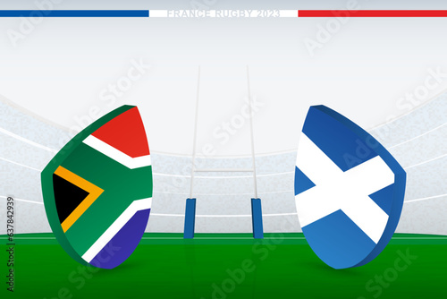 Match between South Africa and Scotland, illustration of rugby flag icon on rugby stadium.